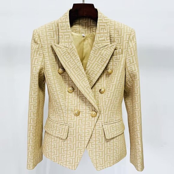 unbranded Jackets & Blazers - NEW! Khaki Jacquard Gold Button Geo Detail Blazer Jacket